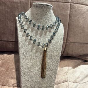 Elegant Blue and Gold Beaded Tassel Necklace